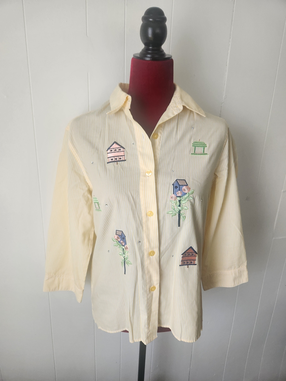 breckenridge Yellow Embroidered Button-Down Shirt with Pastel Birdhouse Motifs